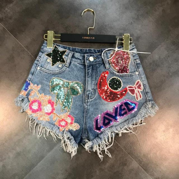 'LOVED' Sequin embroidery patch shorts