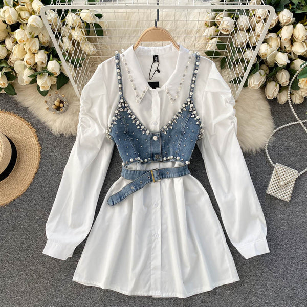 'LILYANNA' Denim & pearl long shirt dress