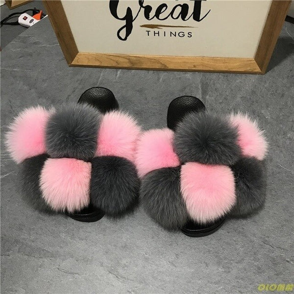 PASTEL Coloured Pom Pom genuine fox fur sliders Bouxxboutique