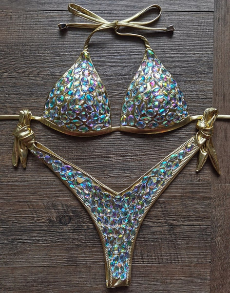 'TIANA' Metallic diamanté low V rhinestone bikini